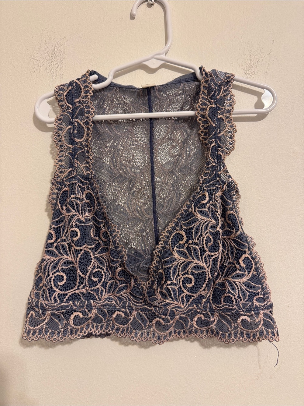 Francesca's Collections Lace V-Neck Bralette in Dusty Blue with Blush Trim